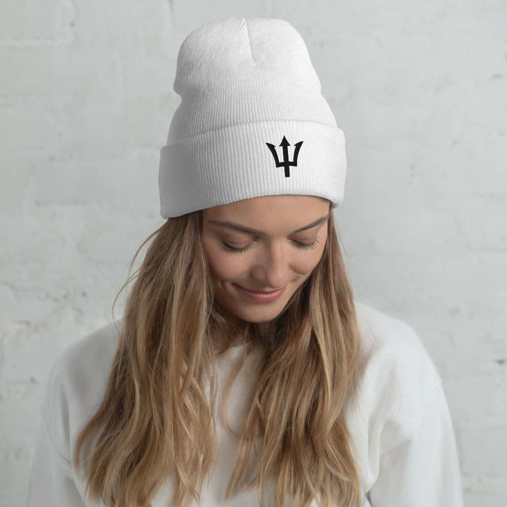 Black Trident Cuffed Beanie in White – Barbados Trident Beanie