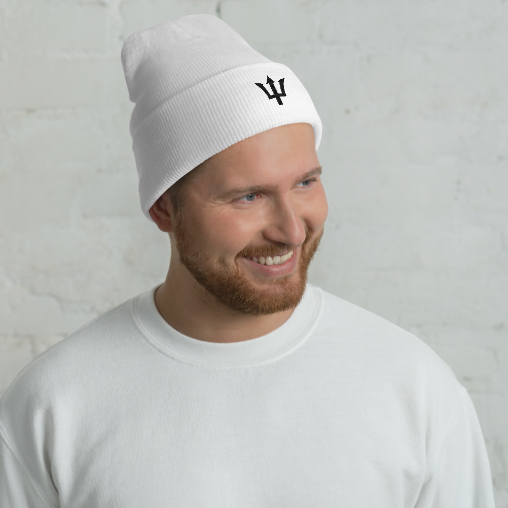 Black Trident Cuffed Beanie in White – Barbados Trident Beanie